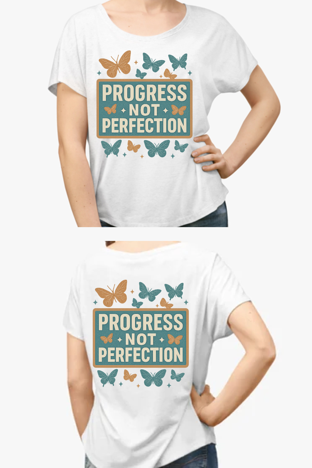 Progress Not Perfection - Butterfly Motivational T-Shirt Design pinterest preview image.