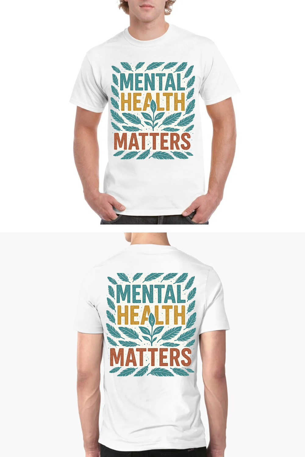 Mental Health Matters - Botanical Leaves Awareness T-Shirt Design pinterest preview image.