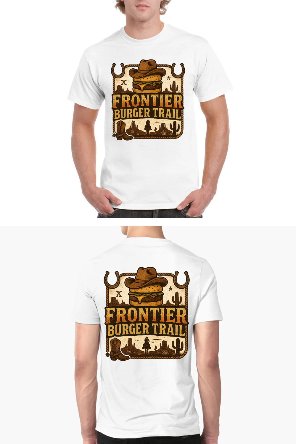Frontier Burger Trail Western Cowboy T-Shirt Design - Vintage Wild West Food Graphic pinterest preview image.