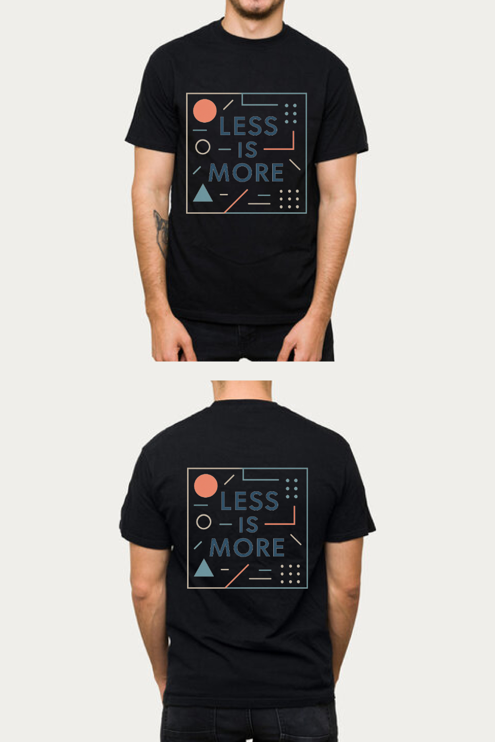 Less is More Minimalist Typography T-Shirt Design with Geometric Elements pinterest preview image.