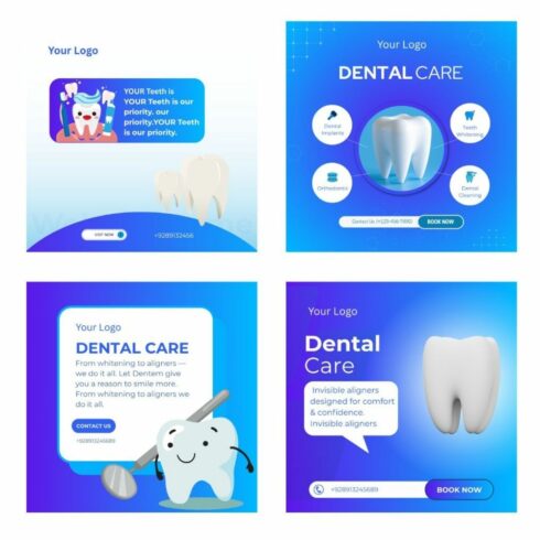 4 Canva Medical related Dentist Teeth customizable social media posts cover image.