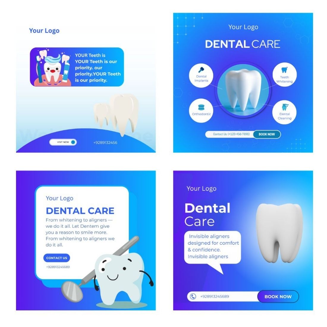 4 Canva Medical related Dentist Teeth customizable social media posts cover image.