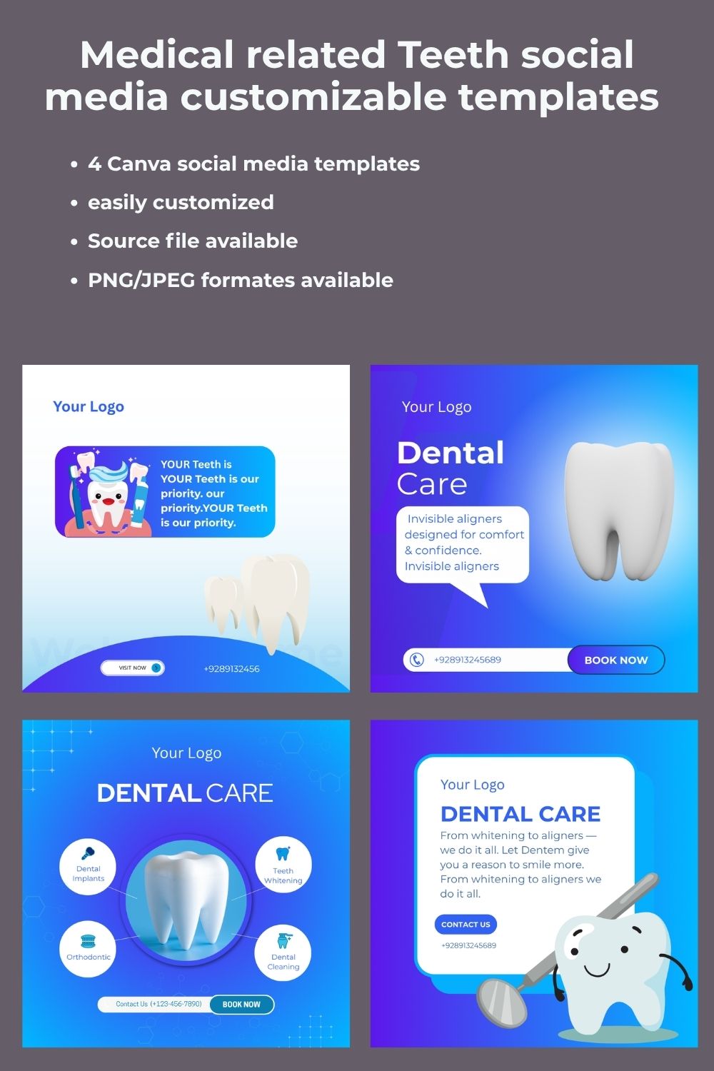 4 Canva Medical related Dentist Teeth customizable social media posts pinterest preview image.