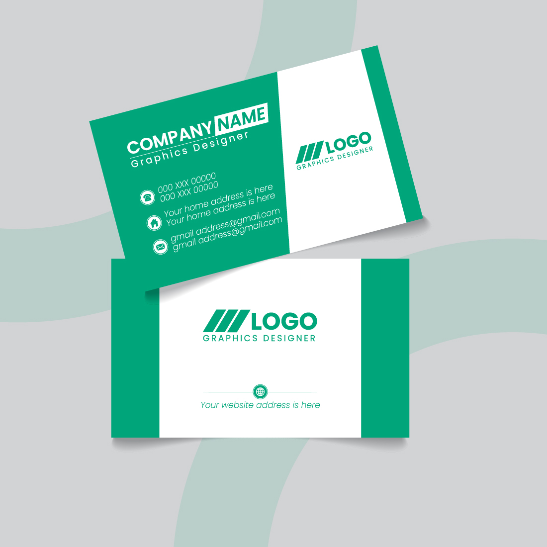 Modern Green Business Card Template for Graphic Designers preview image.