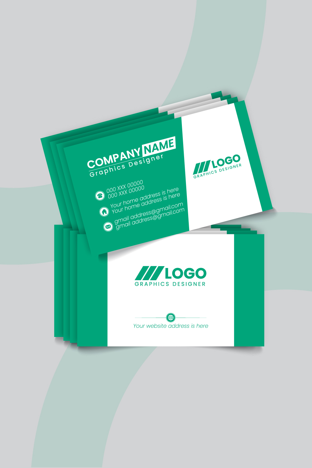 Modern Green Business Card Template for Graphic Designers pinterest preview image.