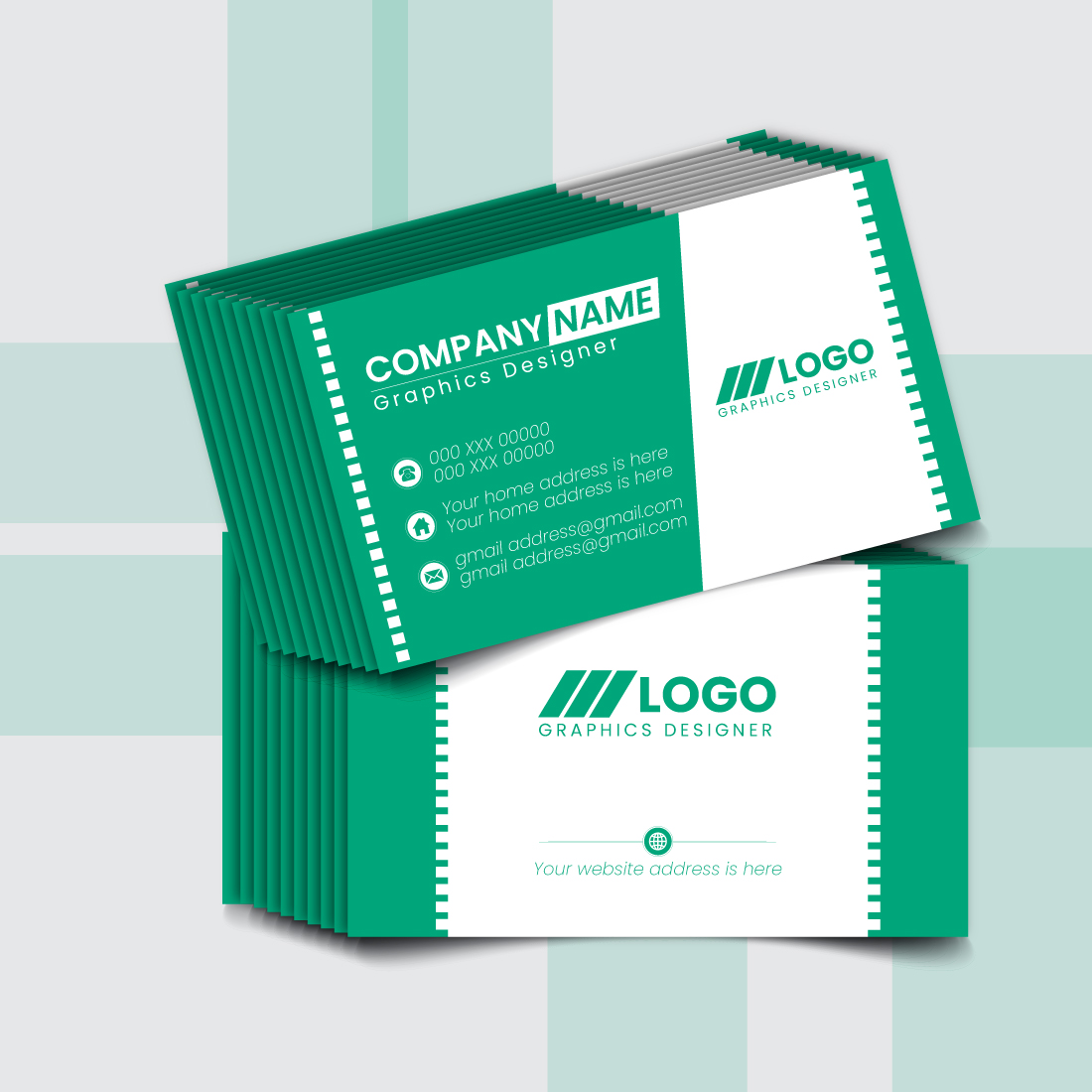 Modern Minimalist Green and White Business Card Template for Graphic Designers preview image.