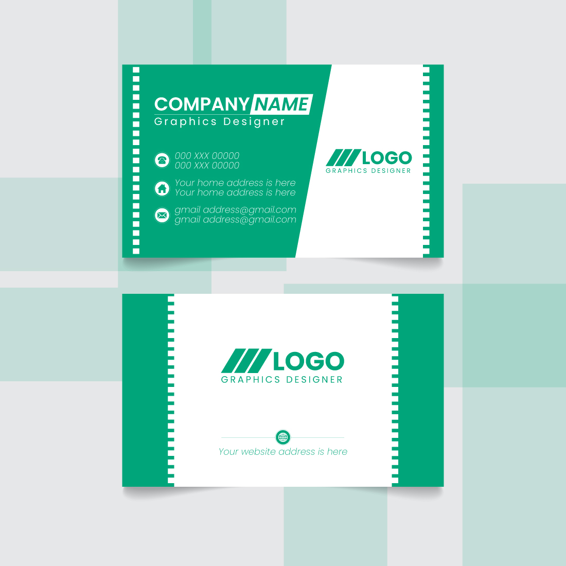 Modern Minimalist Green and White Business Card Template for Graphic Designers cover image.
