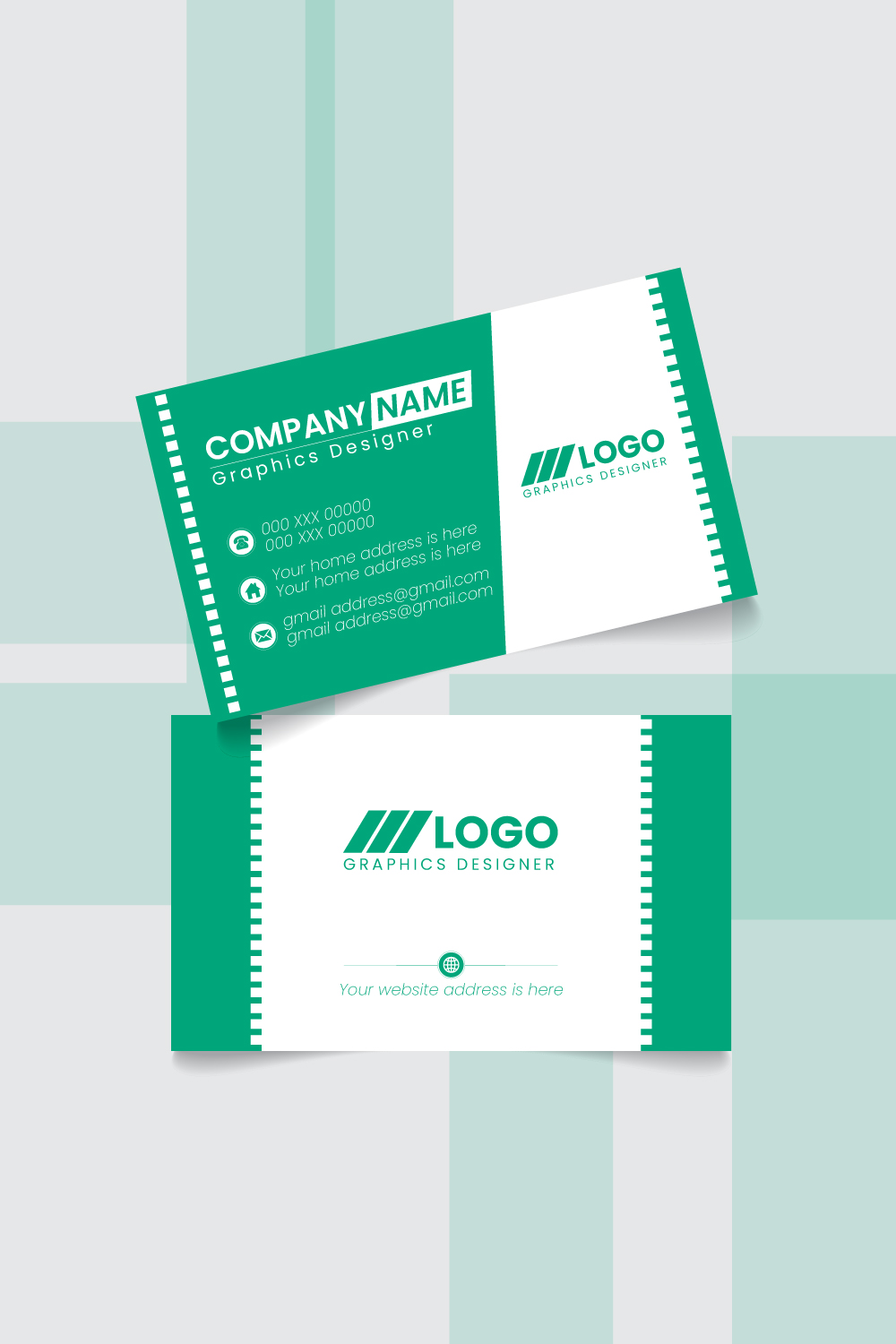 Modern Minimalist Green and White Business Card Template for Graphic Designers pinterest preview image.