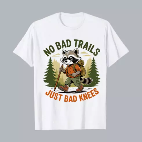 2 Design NO BAD TRAILS JUST BAD KNEES Humorous Raccoon Hiking Illustration: Vintage Style, Forest Setting, Adventurous Mood, No Bad Trails Hiking Camping T shirt PNG File cover image.