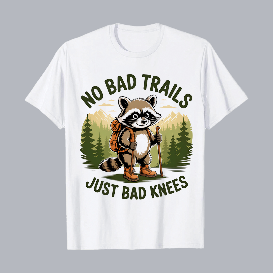 2 Design NO BAD TRAILS JUST BAD KNEES Humorous Raccoon Hiking Illustration: Vintage Style, Forest Setting, Adventurous Mood, No Bad Trails Hiking Camping T shirt PNG File preview image.