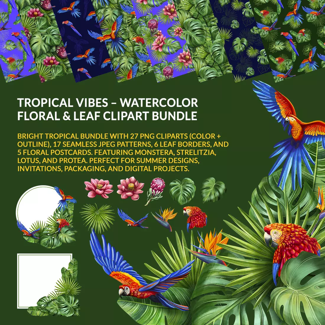 Tropical Vibes – Watercolor Floral & Leaf Clipart Bundle cover image.