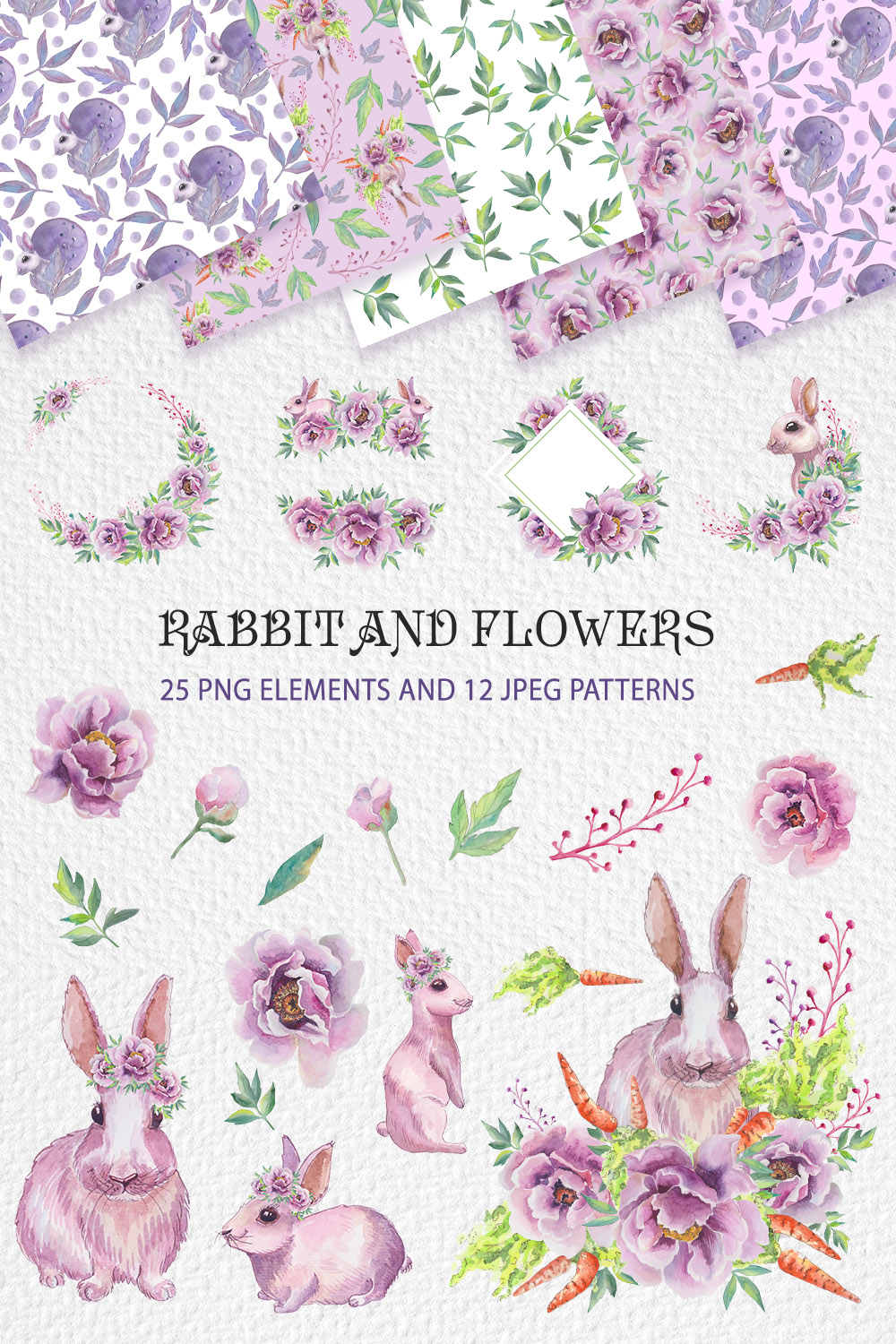 Spring Bunny & Peonies Watercolor Clipart Set pinterest preview image.