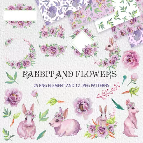 Spring Bunny & Peonies Watercolor Clipart Set cover image.