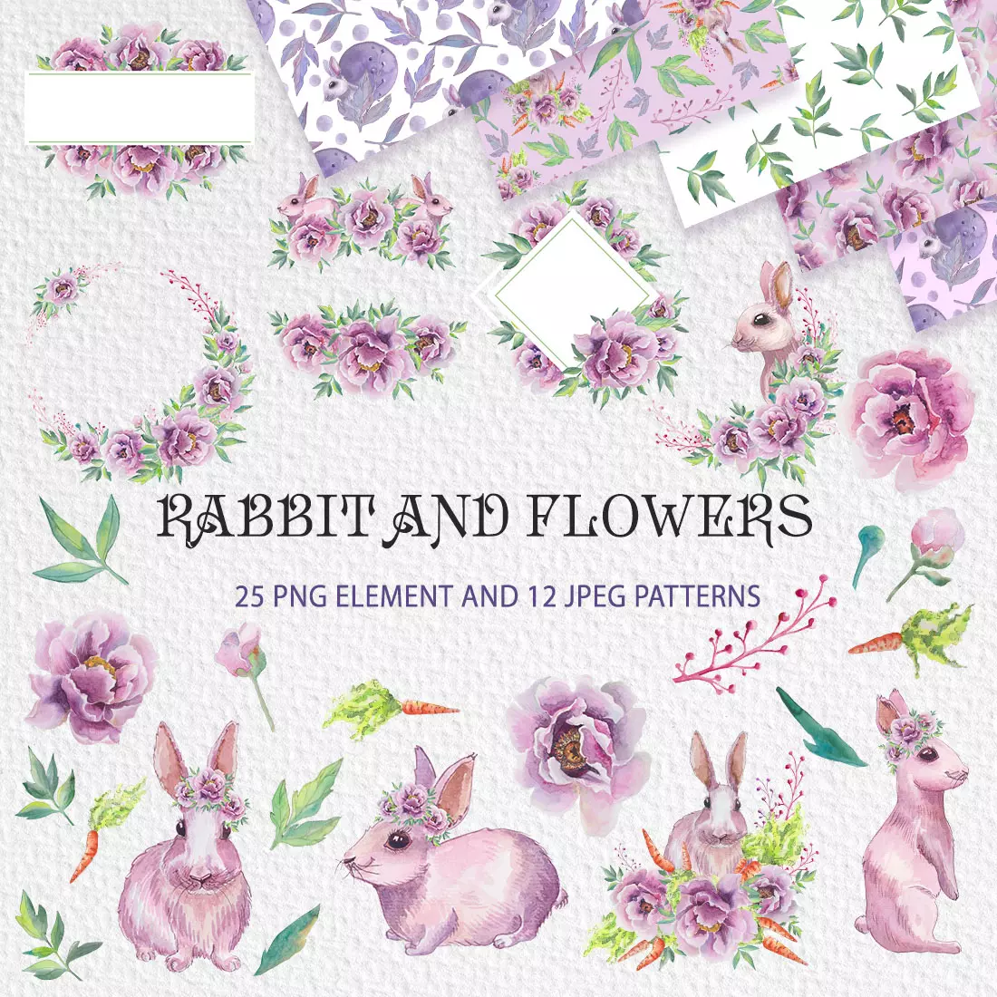 Spring Bunny & Peonies Watercolor Clipart Set cover image.