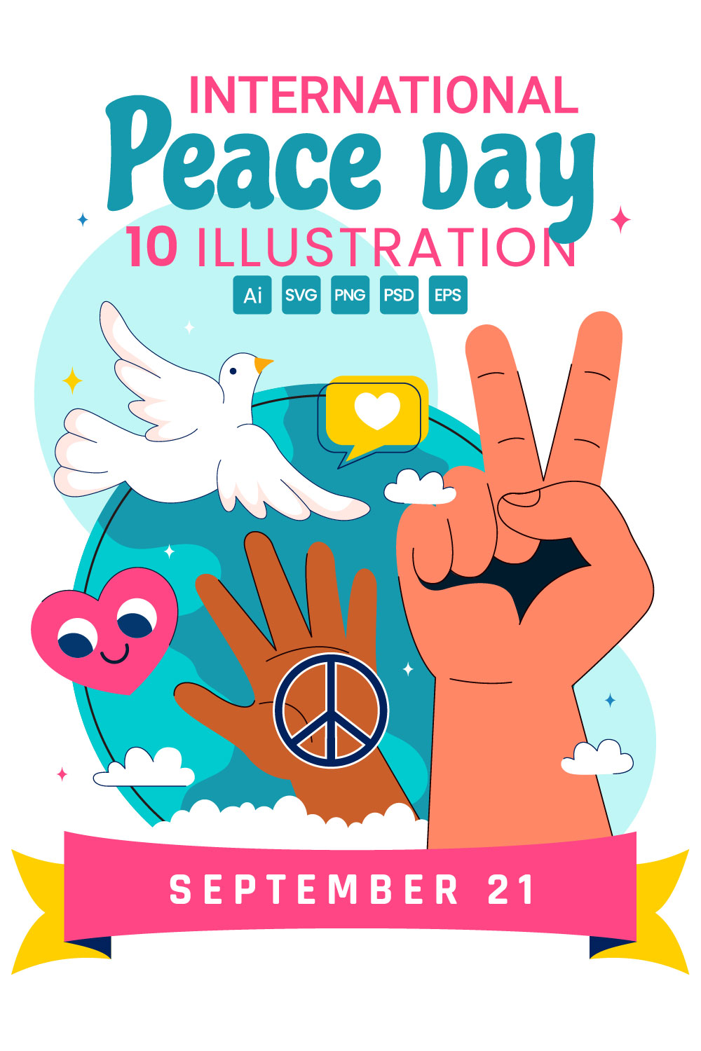 10 International Peace Day Illustration pinterest preview image.