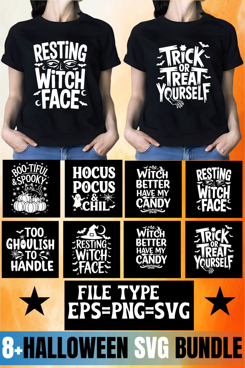 8+ Halloween SVG Bundle – Spooky, Fun & Creepy Designs for Cricut & Merch pinterest preview image.