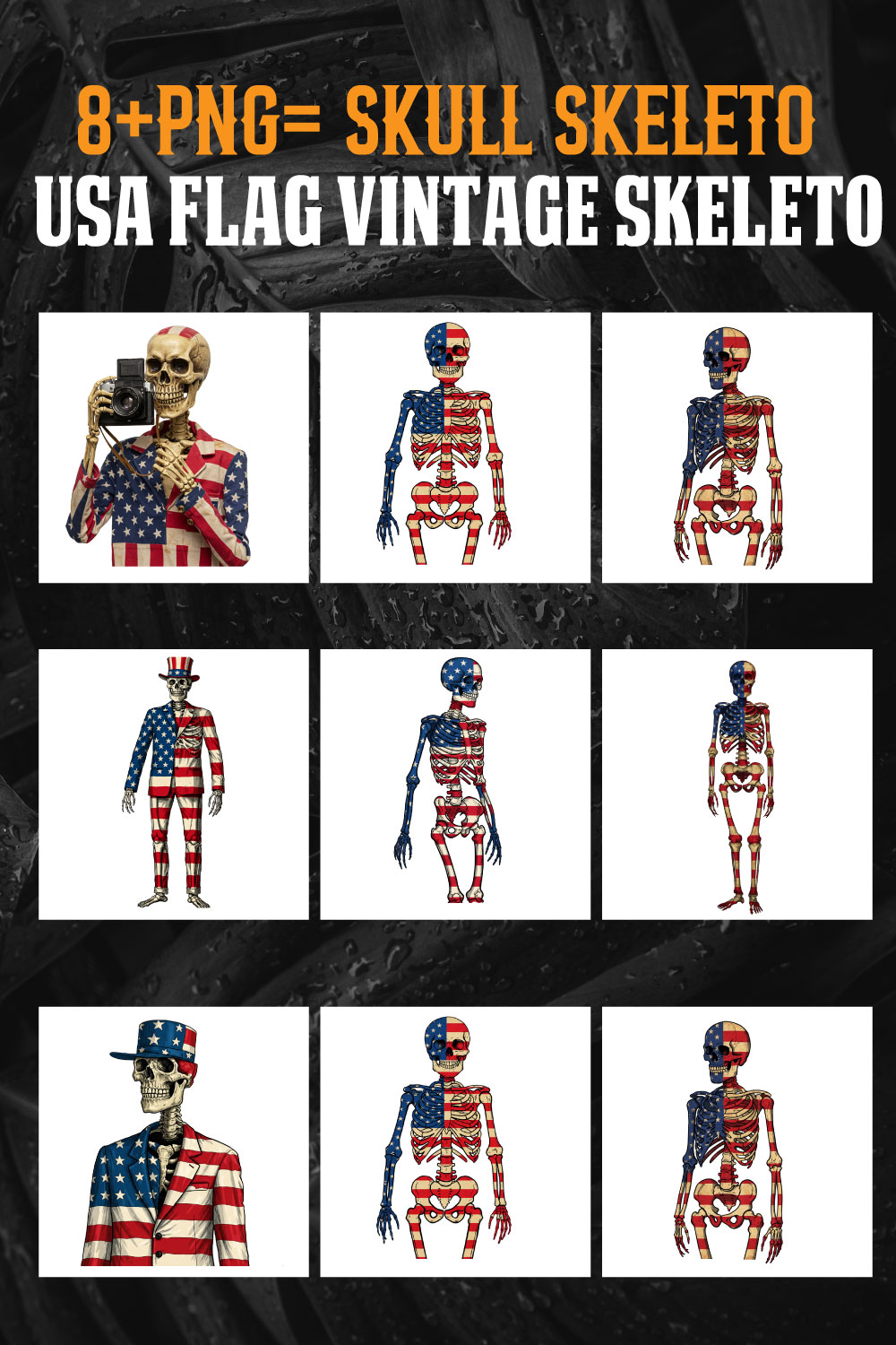 8+ USA Flag Vintage Skeleton Clipart PNG | Patriotic Grunge Sublimation Bundle pinterest preview image.