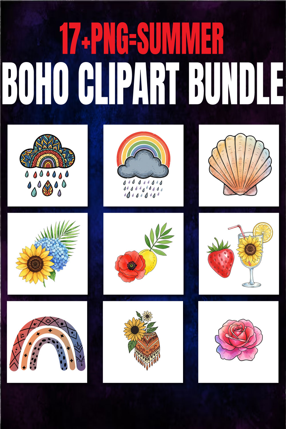 17+ Summer Boho Clipart Bundle | High-Resolution PNG Graphics pinterest preview image.