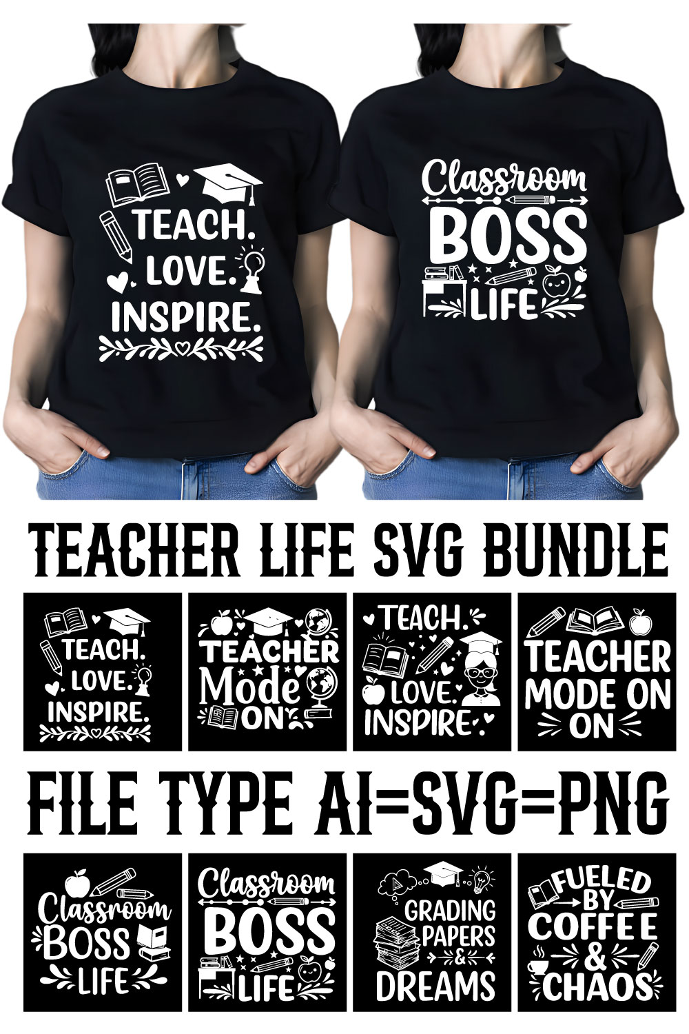8+ Teacher Life SVG Bundle | Funny & Inspirational School Quotes for Cricut pinterest preview image.