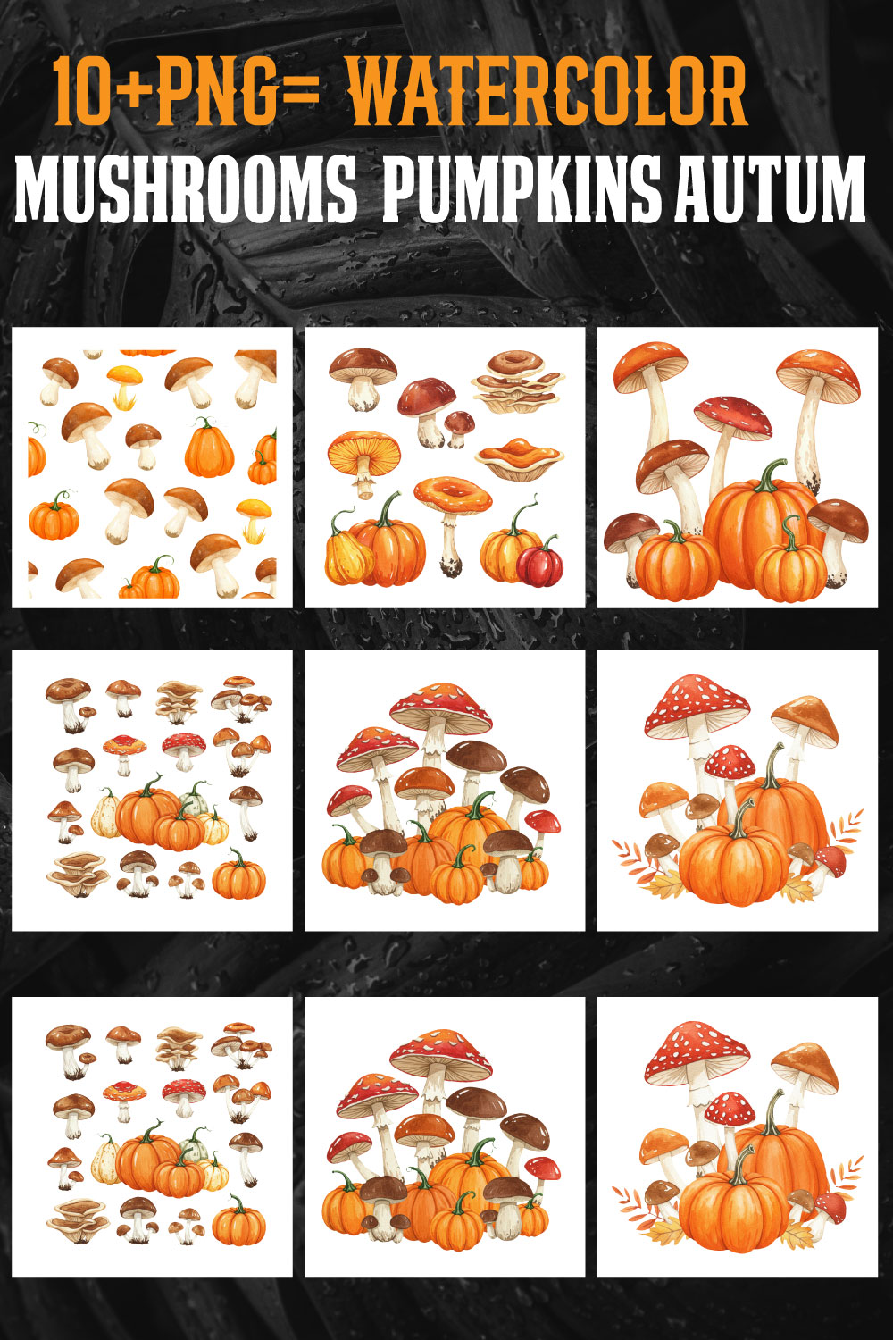 10+ Watercolor Mushrooms & Pumpkins Autumn PNG | Cozy Fall Clipart Bundle pinterest preview image.