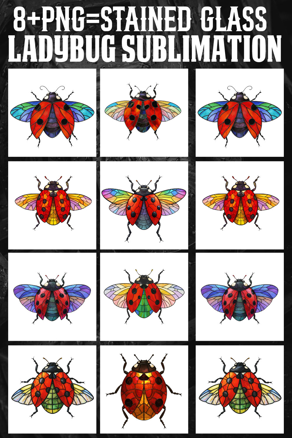 15+ Stained Glass Ladybug Sublimation PNG | Colorful High-Res Clipart Bundle pinterest preview image.