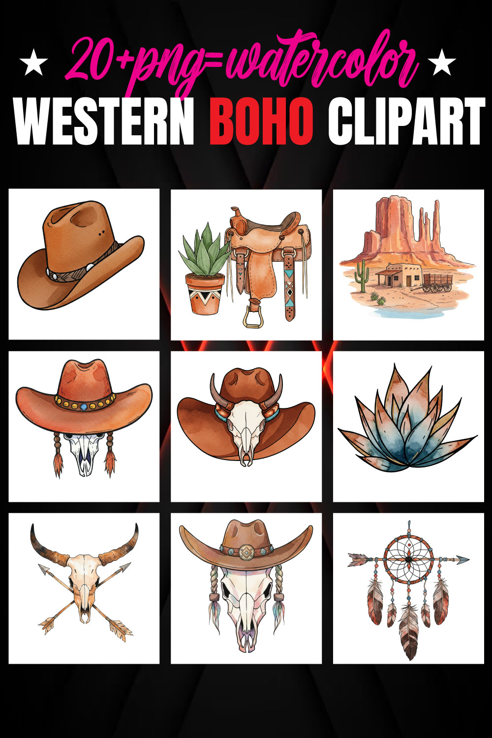 20+ Watercolor Western Boho Clipart | High-Resolution PNG Bundle pinterest preview image.
