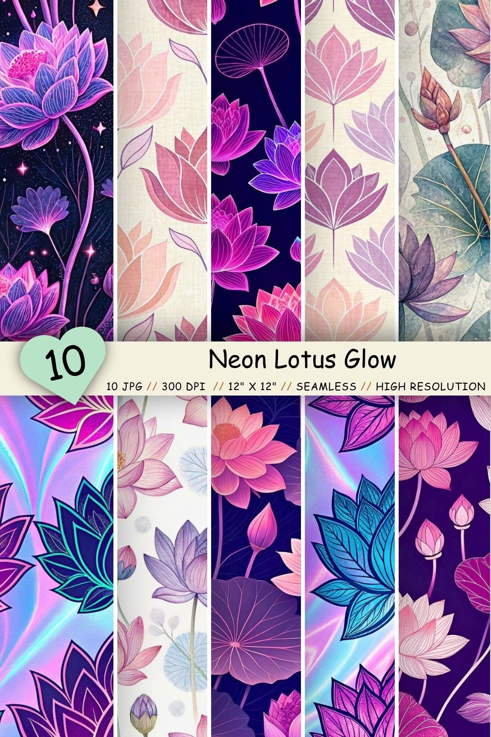 Neon Lotus Glow Seamless Pattern – UV Pink & Purple Rave Florals pinterest preview image.