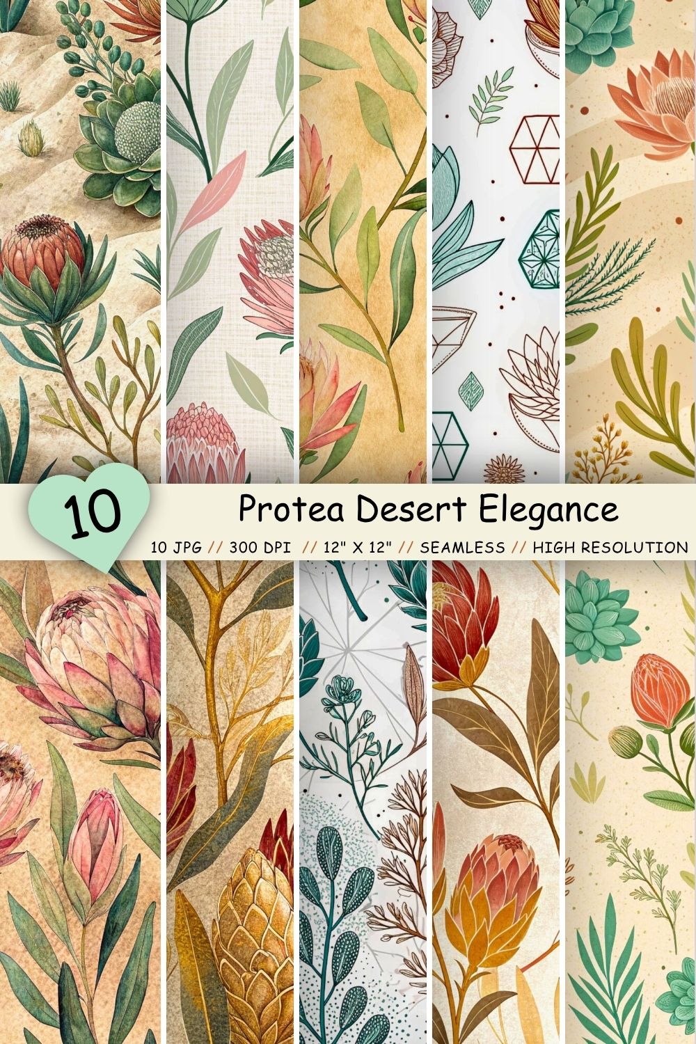 Protea Desert Elegance Seamless Pattern – Terracotta & Sage Succulent Florals pinterest preview image.
