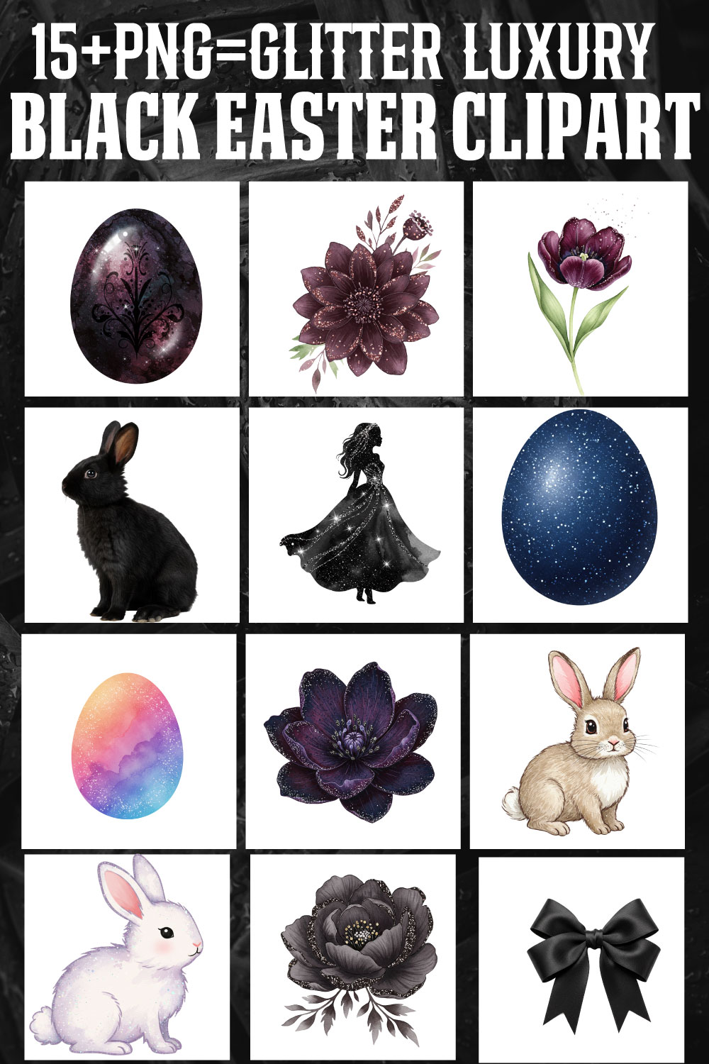 15+ Glitter Luxury Black Easter Clipart PNG | Elegant High-Res Bundle pinterest preview image.