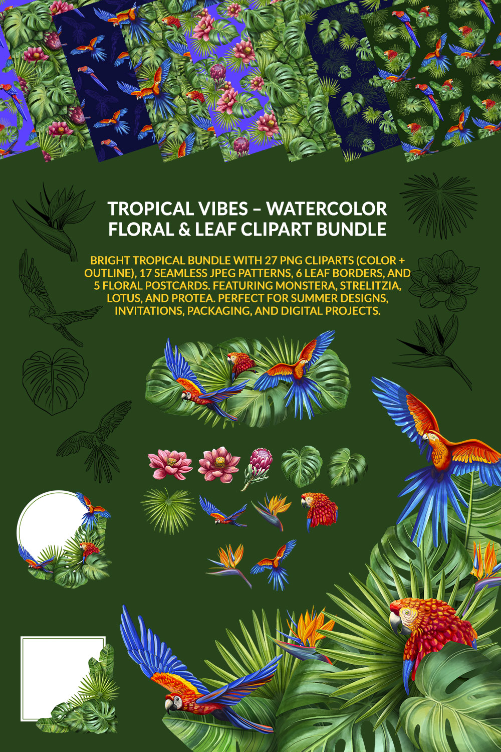 Tropical Vibes – Watercolor Floral & Leaf Clipart Bundle pinterest preview image.
