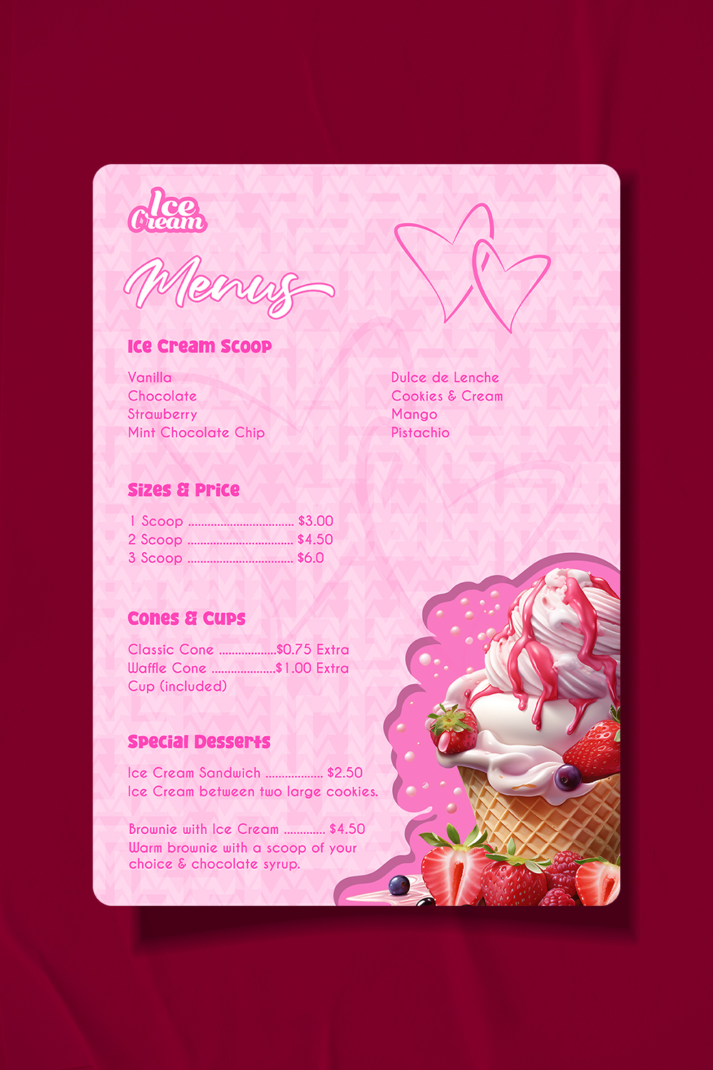 Professional ice cream menu template pinterest preview image.