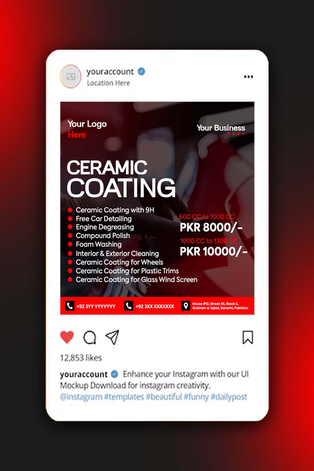 Ceramic Coating Service Poster Template – PSD Editable Design pinterest preview image.