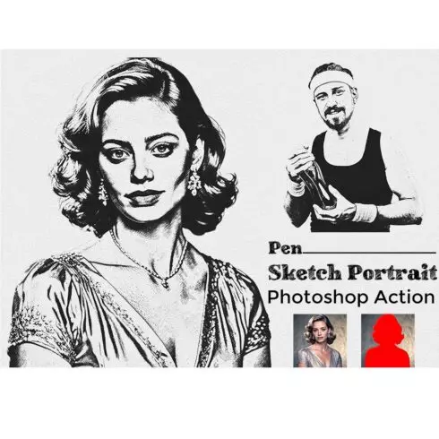 Pen Sketch Portrait Photoshop Action cover image.