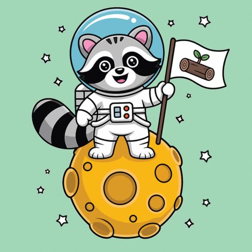Raccoon Astronaut Planting a Flag on the Moon Cute cartoon pumpkin with funny Halloween animal characters EPS Vector file cover image.