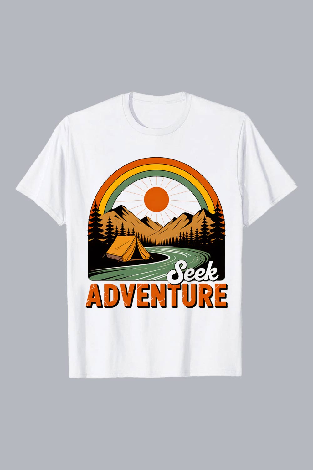 Seek ADVENTURE Retro Camping Scene: Seek Adventure in Mountain Landscape with Rainbow and Tent Hiking Camping T shirt PNG File pinterest preview image.