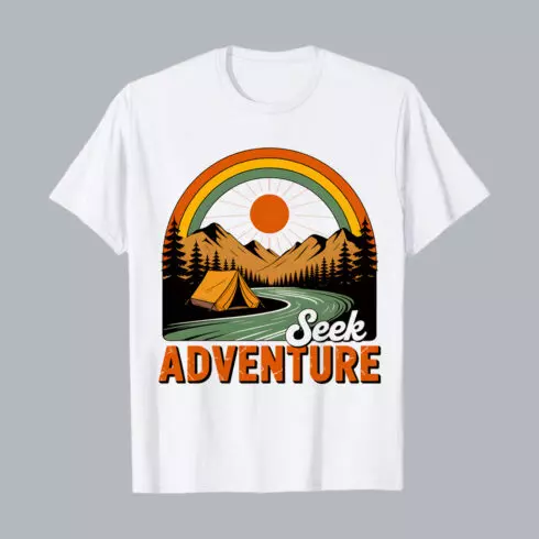 Seek ADVENTURE Retro Camping Scene: Seek Adventure in Mountain Landscape with Rainbow and Tent Hiking Camping T shirt PNG File cover image.