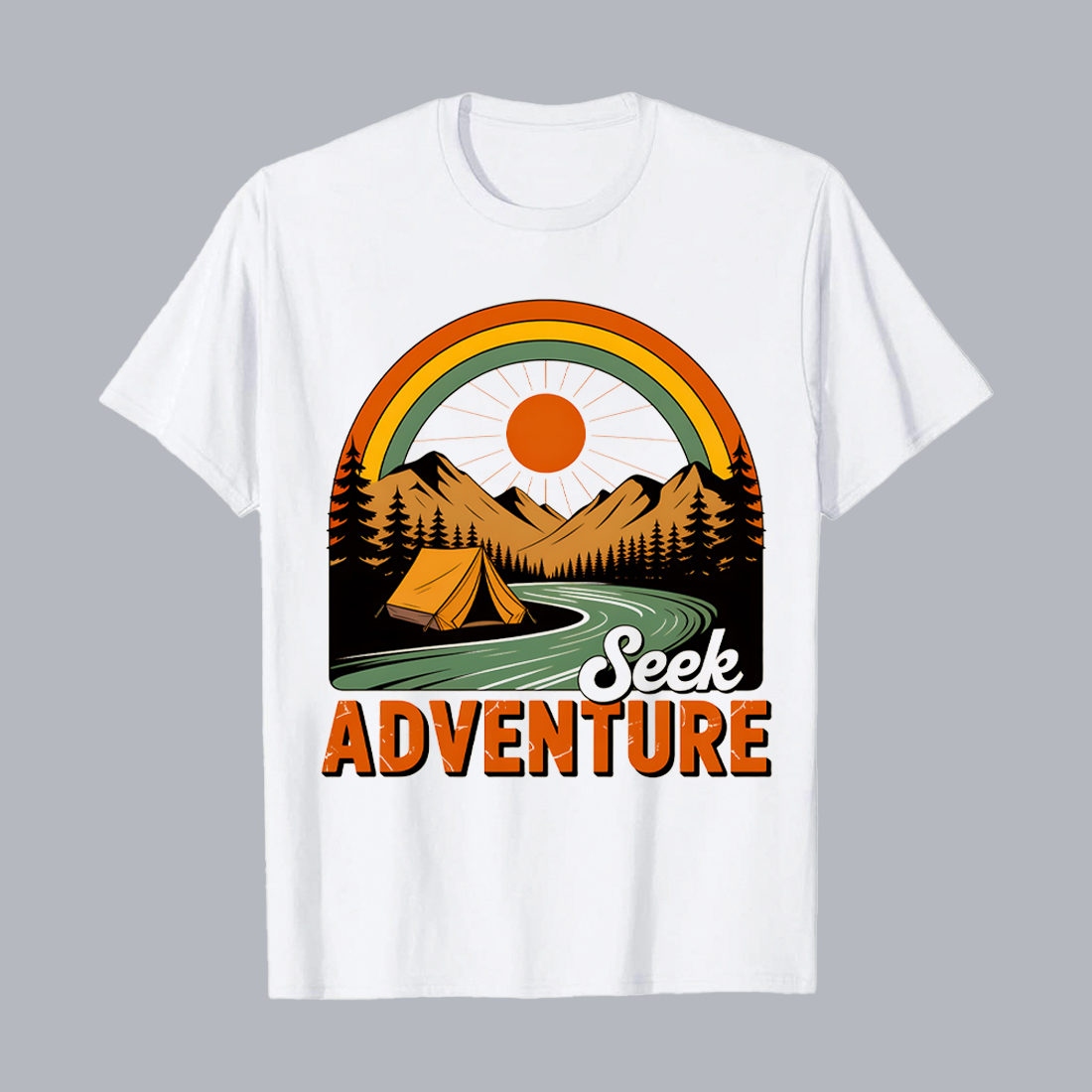 Seek ADVENTURE Retro Camping Scene: Seek Adventure in Mountain Landscape with Rainbow and Tent Hiking Camping T shirt PNG File cover image.