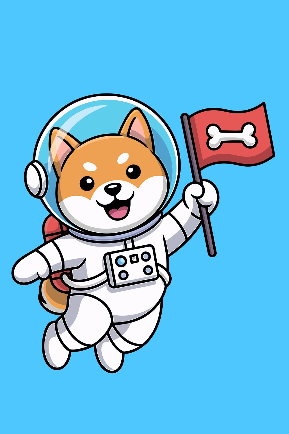 Shiba Inu Astronaut with Bone Flag in Space Cute cartoon cat and mouse playing together EPS Vector file pinterest preview image.
