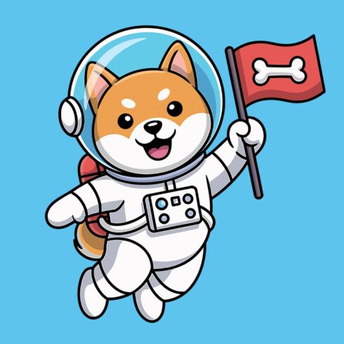 Shiba Inu Astronaut with Bone Flag in Space Cute cartoon cat and mouse playing together EPS Vector file cover image.