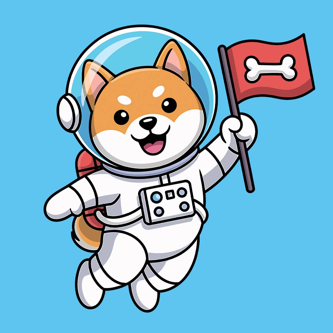 Shiba Inu Astronaut with Bone Flag in Space Cute cartoon cat and mouse playing together EPS Vector file cover image.