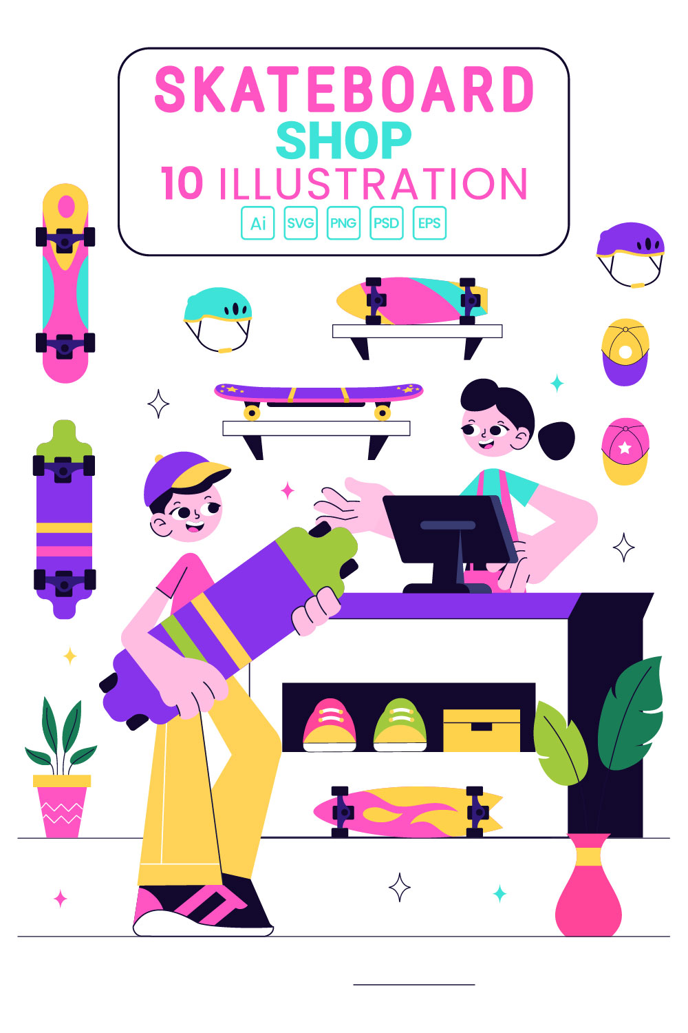 10 Skateboard Shop Illustration pinterest preview image.