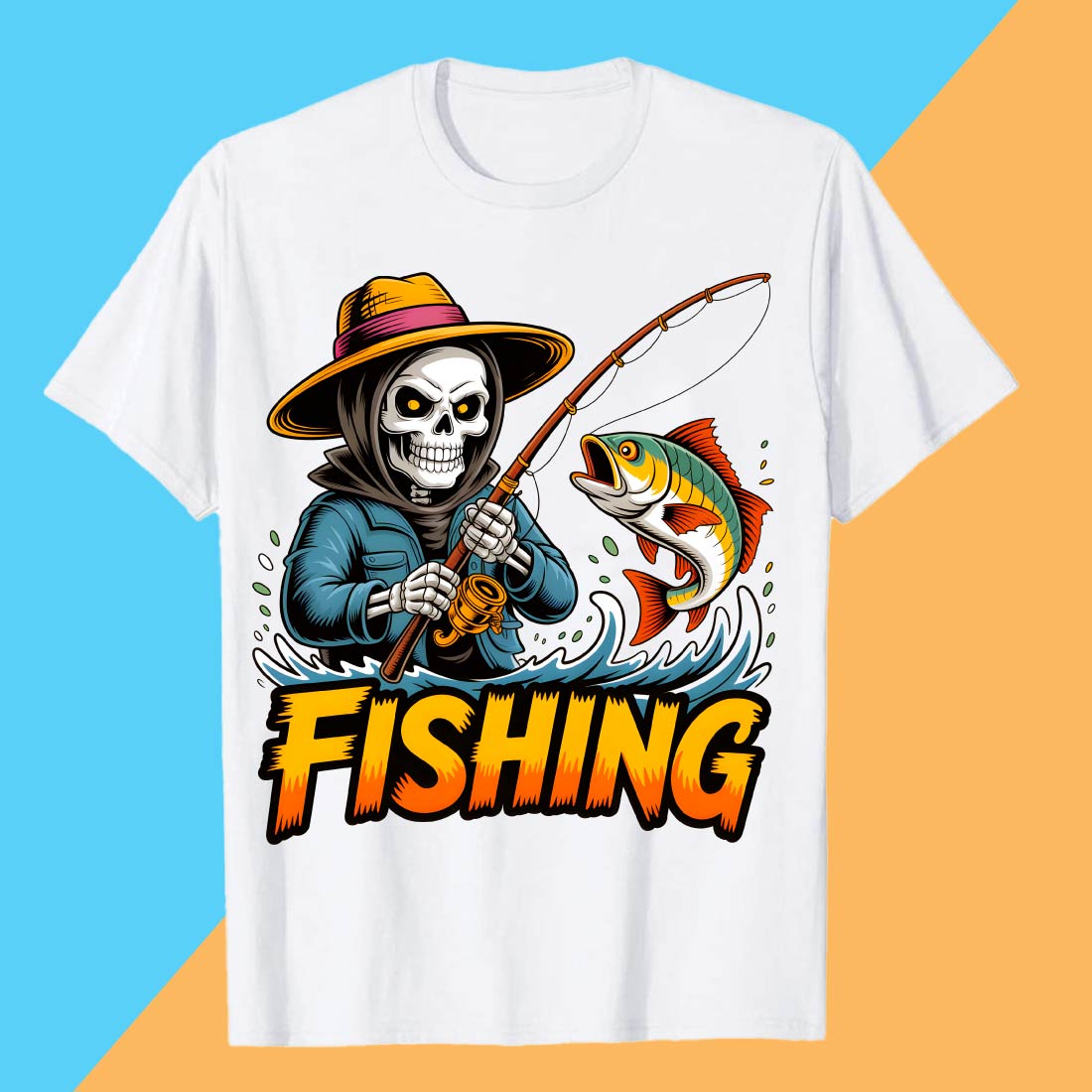 2 Design Skeleton Fisherman “Fishing” Graphic T-Shirt Skeleton Fisherman Catching Fish Graphic Shirt T-Shirt Design Graffiti motivation T shirt PNG File cover image.