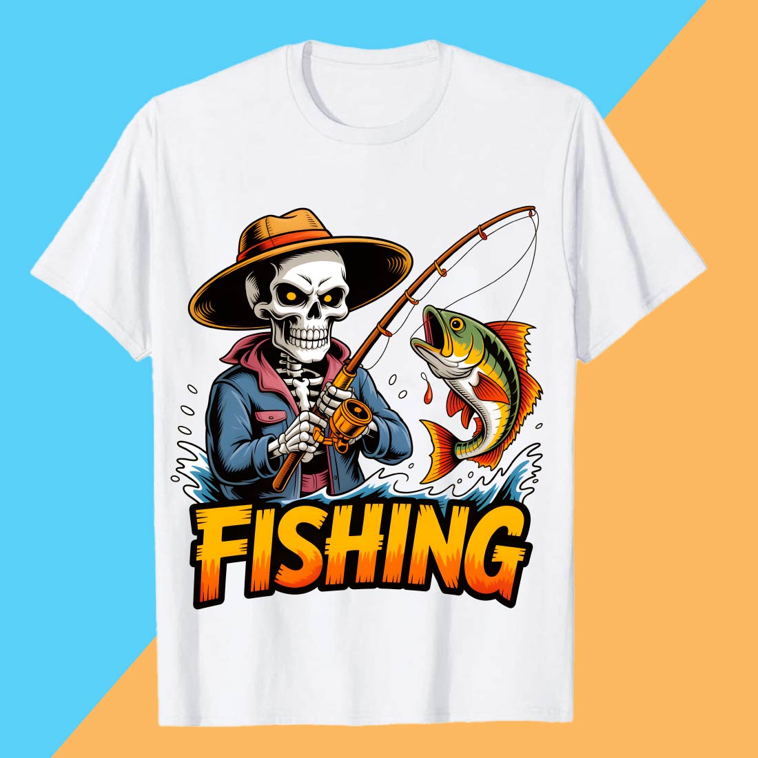 2 Design Skeleton Fisherman “Fishing” Graphic T-Shirt Skeleton Fisherman Catching Fish Graphic Shirt T-Shirt Design Graffiti motivation T shirt PNG File preview image.
