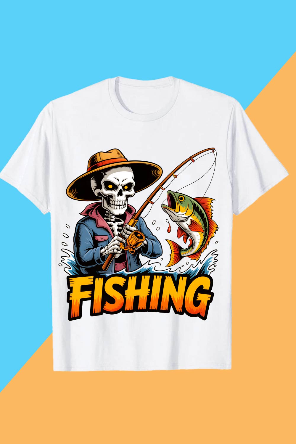 2 Design Skeleton Fisherman “Fishing” Graphic T-Shirt Skeleton Fisherman Catching Fish Graphic Shirt T-Shirt Design Graffiti motivation T shirt PNG File pinterest preview image.