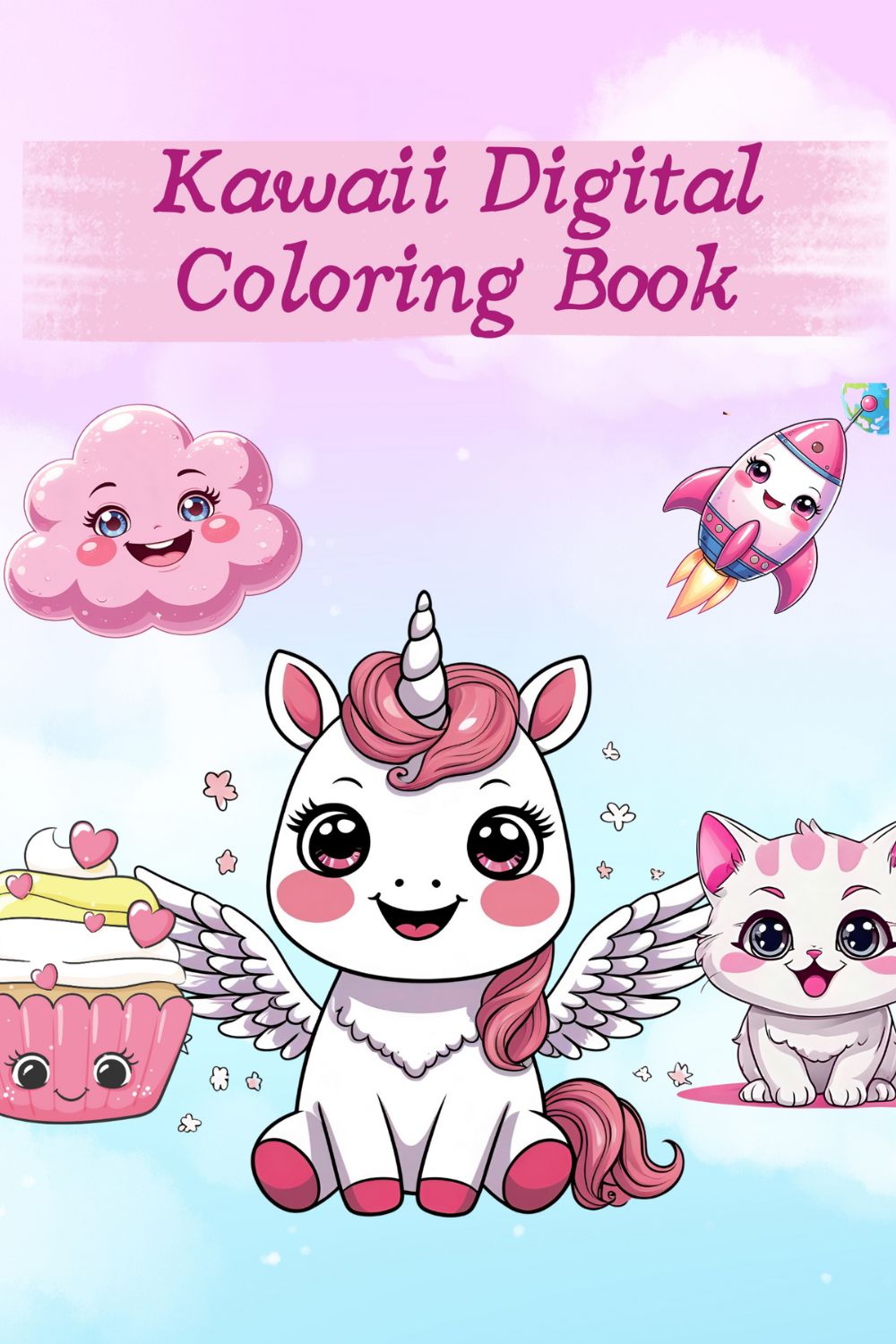Kawaii Coloring Book for Kids – 30 Printable Pages Bundle (Dragons, Cupcakes, Animals) pinterest preview image.