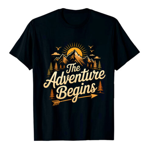 Retro Mountain Adventure Graphic: The Adventure Begins, Vintage Style, Inspirational Travel DesignHiking Camping T shirt PNG File cover image.
