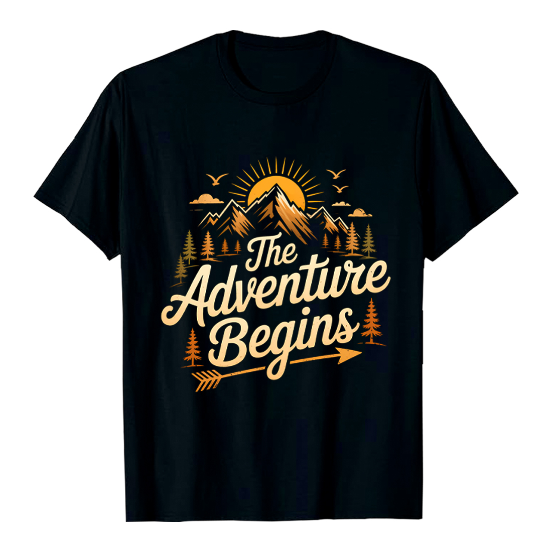 Retro Mountain Adventure Graphic: The Adventure Begins, Vintage Style, Inspirational Travel DesignHiking Camping T shirt PNG File cover image.
