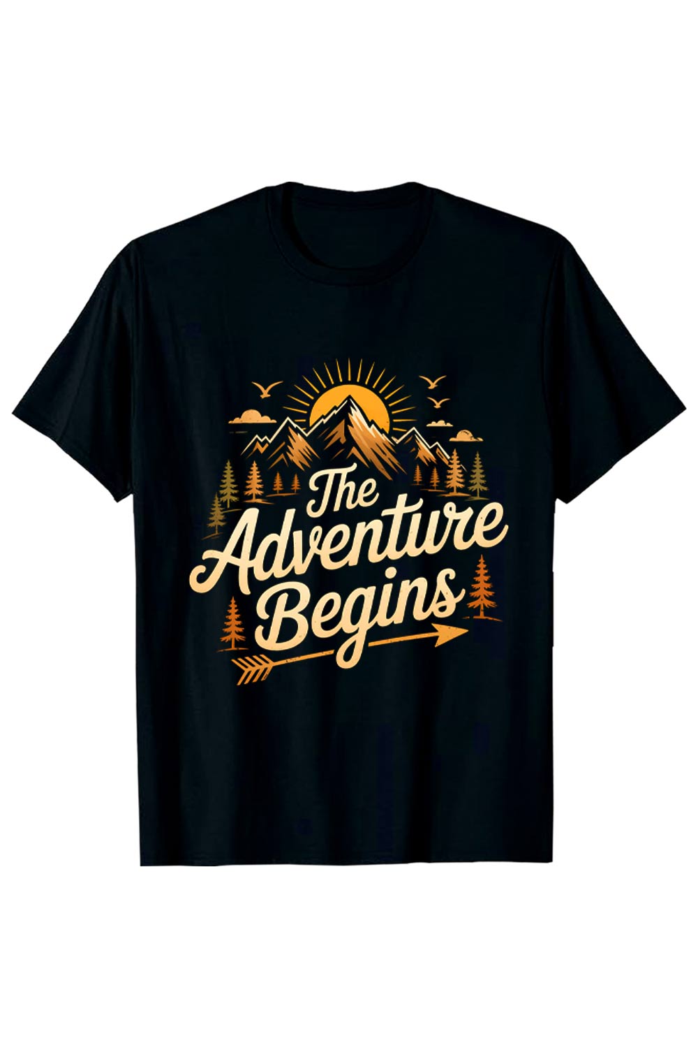 Retro Mountain Adventure Graphic: The Adventure Begins, Vintage Style, Inspirational Travel DesignHiking Camping T shirt PNG File pinterest preview image.