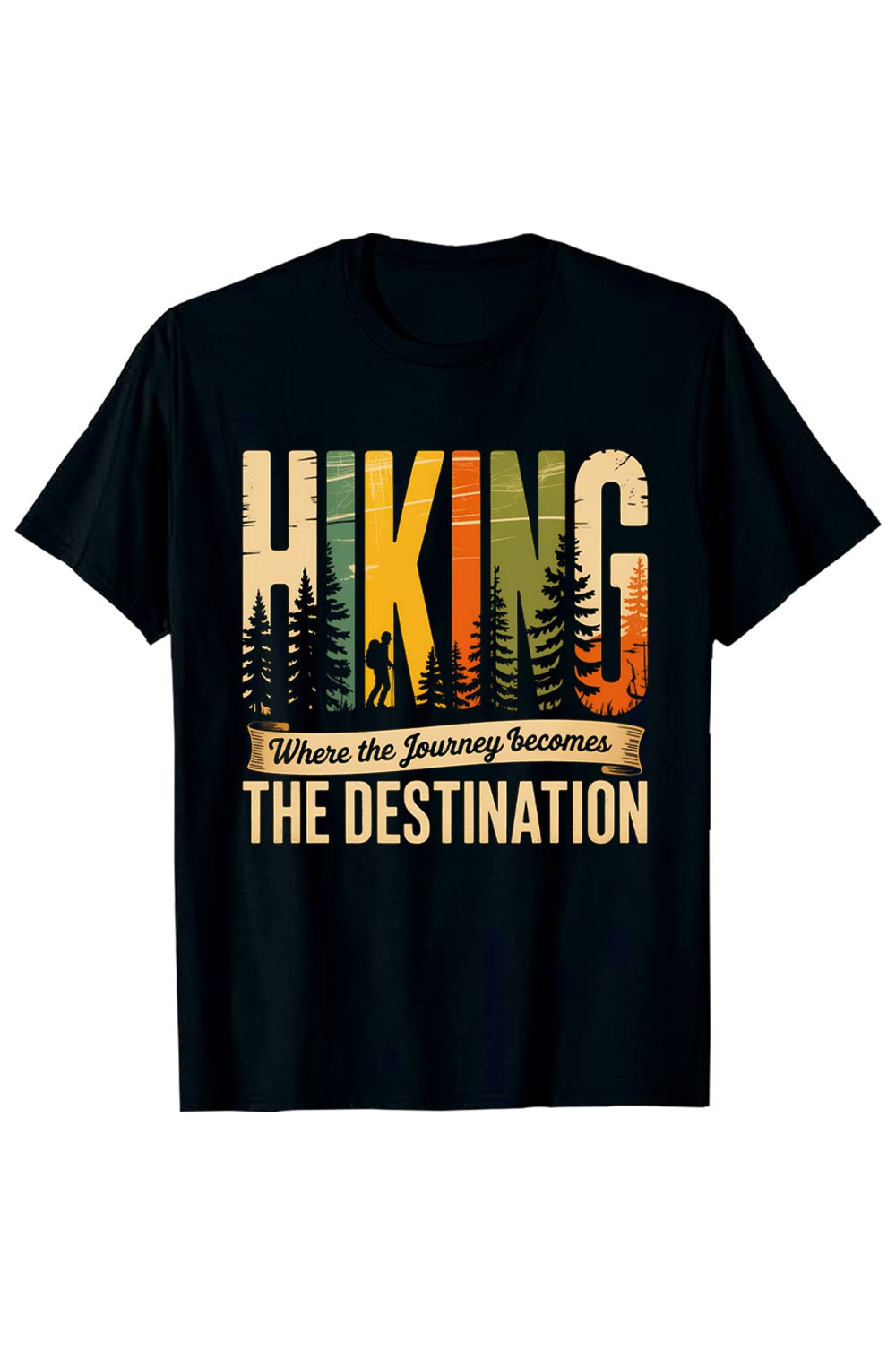 THE DESTINATION Retro Hiking Poster: Silhouette Hiker in Majestic Forest, Vintage Color Palette, Inspirational Journey Theme Hiking Camping T shirt PNG File pinterest preview image.