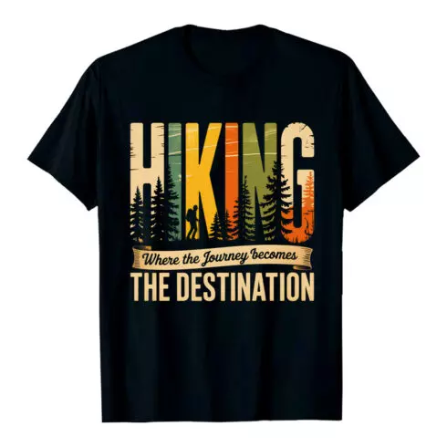 THE DESTINATION Retro Hiking Poster: Silhouette Hiker in Majestic Forest, Vintage Color Palette, Inspirational Journey Theme Hiking Camping T shirt PNG File cover image.
